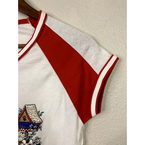 90s Vintage Le Riche M Medium Red White Montana MT Birdhouse Short Sleeve Shirt - Picture 4 of 10